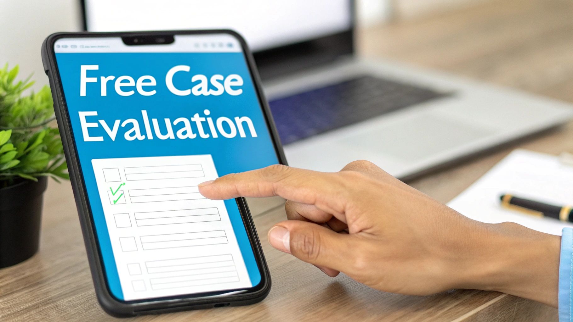 A hand taps a smartphone screen displaying 'Free Case Evaluation' and a checklist for legal services.