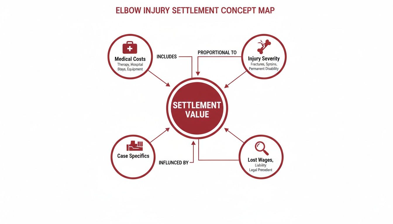 A concept map illustrates factors influencing elbow injury settlement value, including medical costs, injury severity, case specifics, and lost wages.