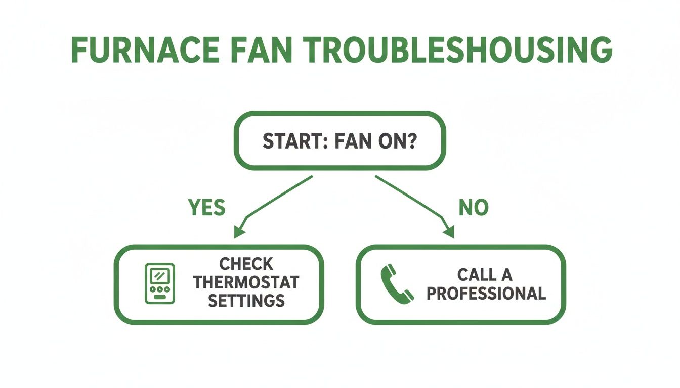 Flowchart for furnace fan troubleshooting: check thermostat if fan is on, otherwise call a professional.