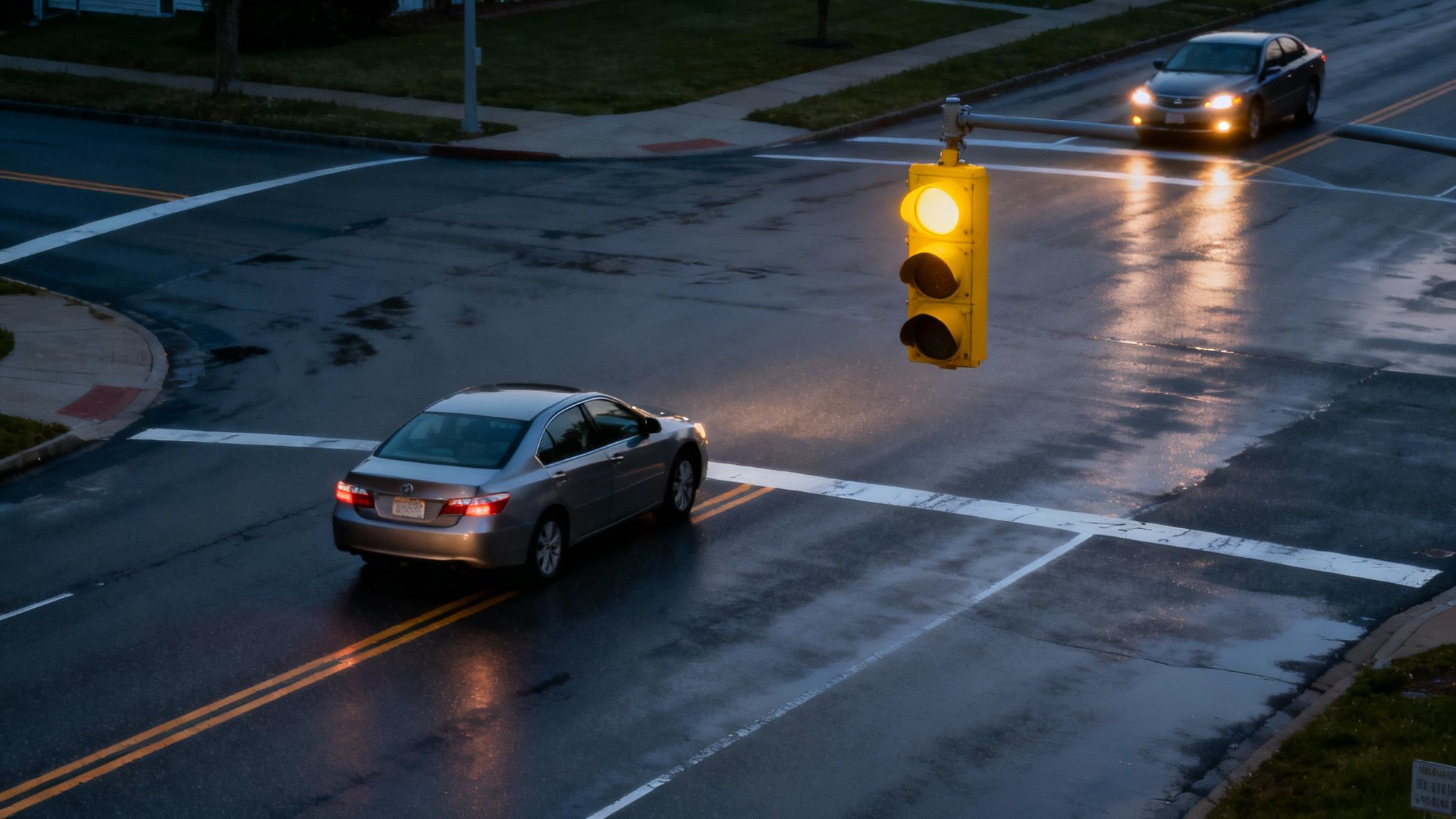 An overhead shot of an intersection with a yellow traffic light and two cars on a wet road.