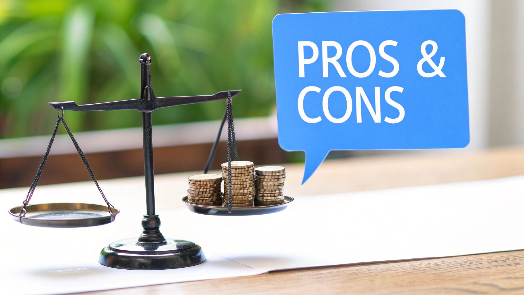 A balance scale with coins on one pan, an empty pan, and a 'Pros & Cons' speech bubble.