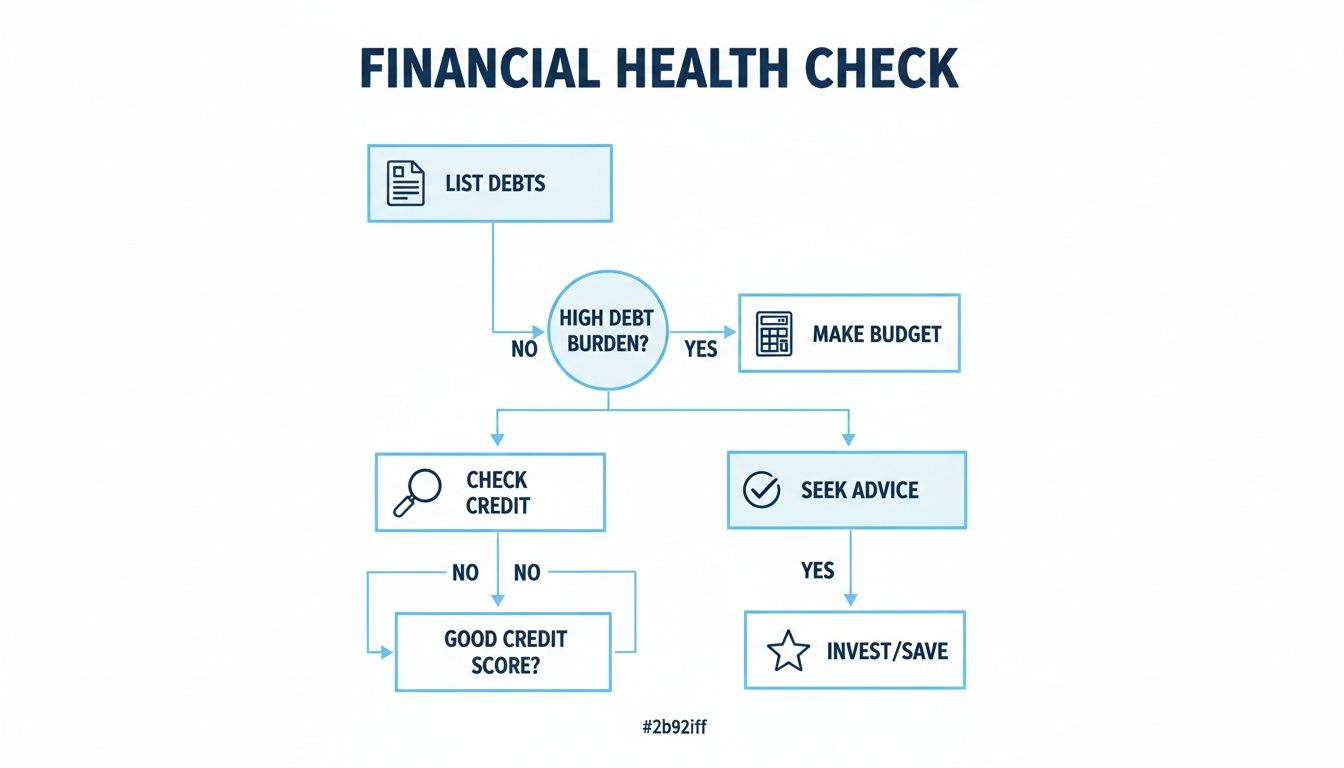 A flowchart outlining a financial health check, including steps for debt management, budgeting, credit, and investing.