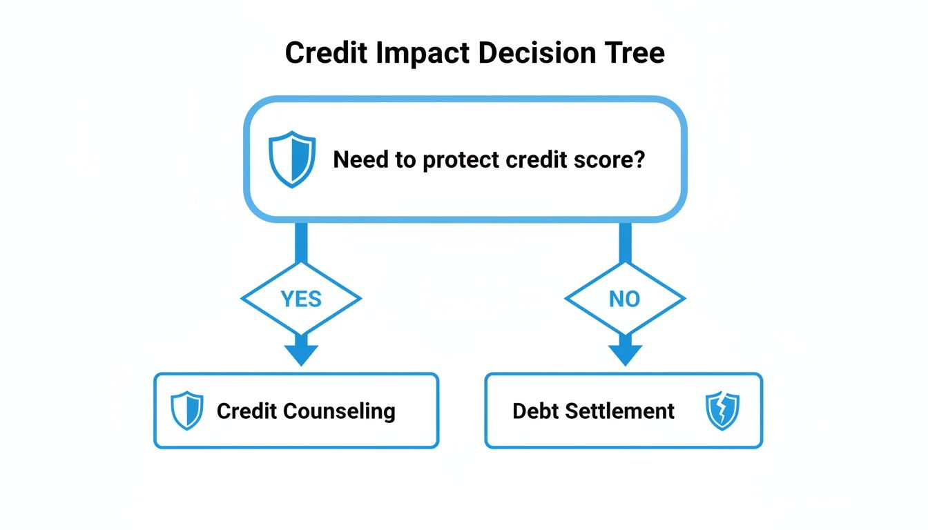A credit impact decision tree showing options: Credit Counseling if you need to protect your credit score, or Debt Settlement if not.