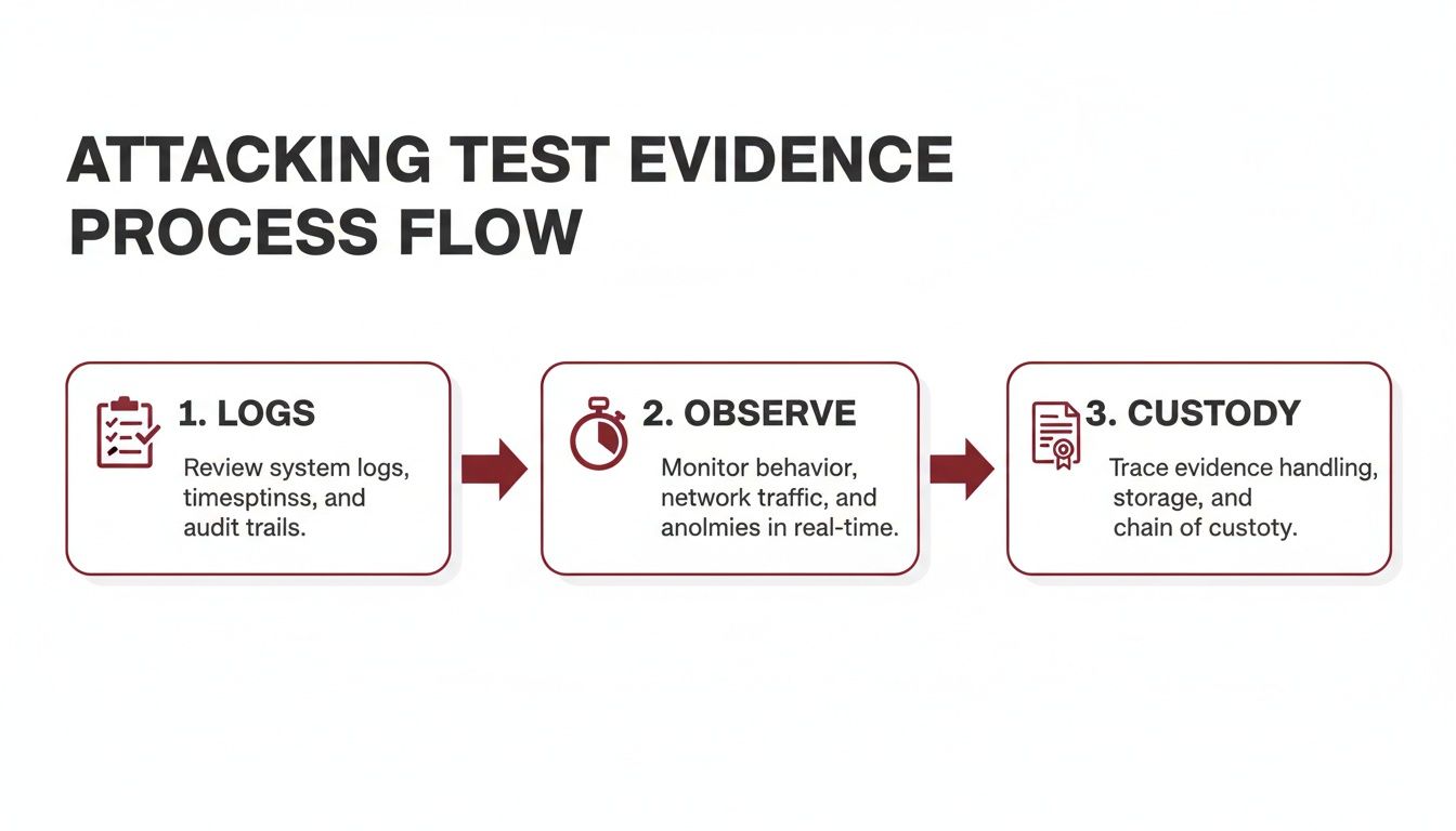 A flowchart illustrates the three-step process for attacking test evidence: Logs, Observe, and Custody.