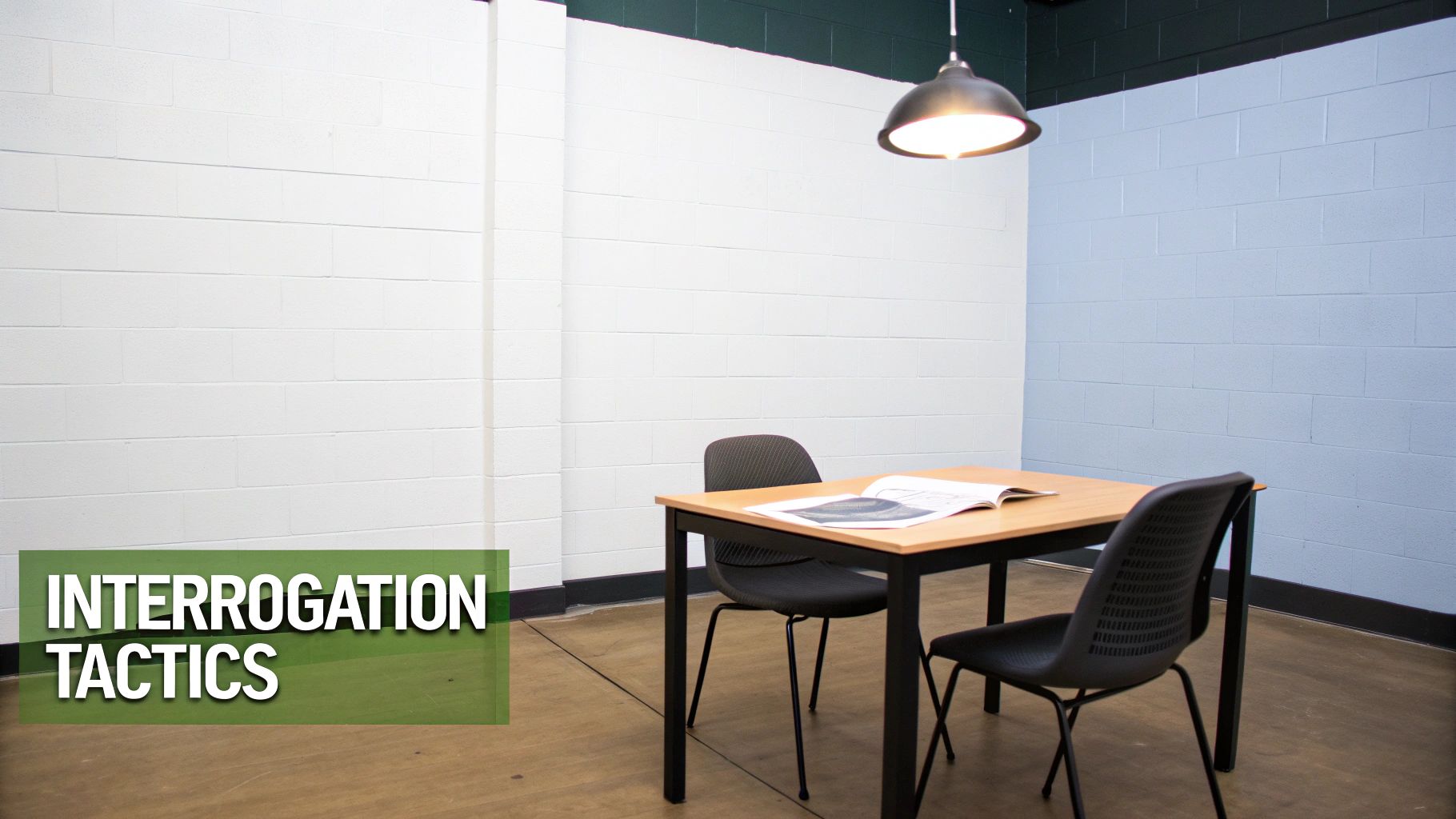 An empty, stark interrogation room with a table, two chairs, a bright lamp, and a book on the table.