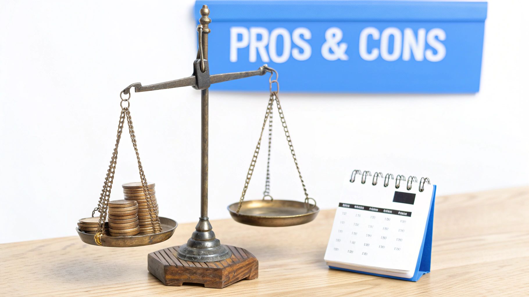 A scale weighing coins against an empty pan, symbolizing decision-making with a "PROS & CONS" sign.