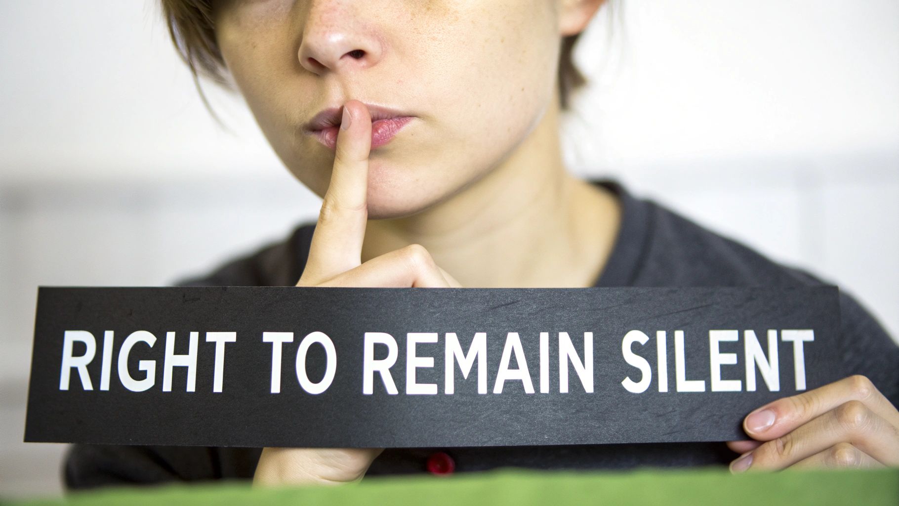 A person holds a 'RIGHT TO REMAIN SILENT' sign while making a shush gesture.
