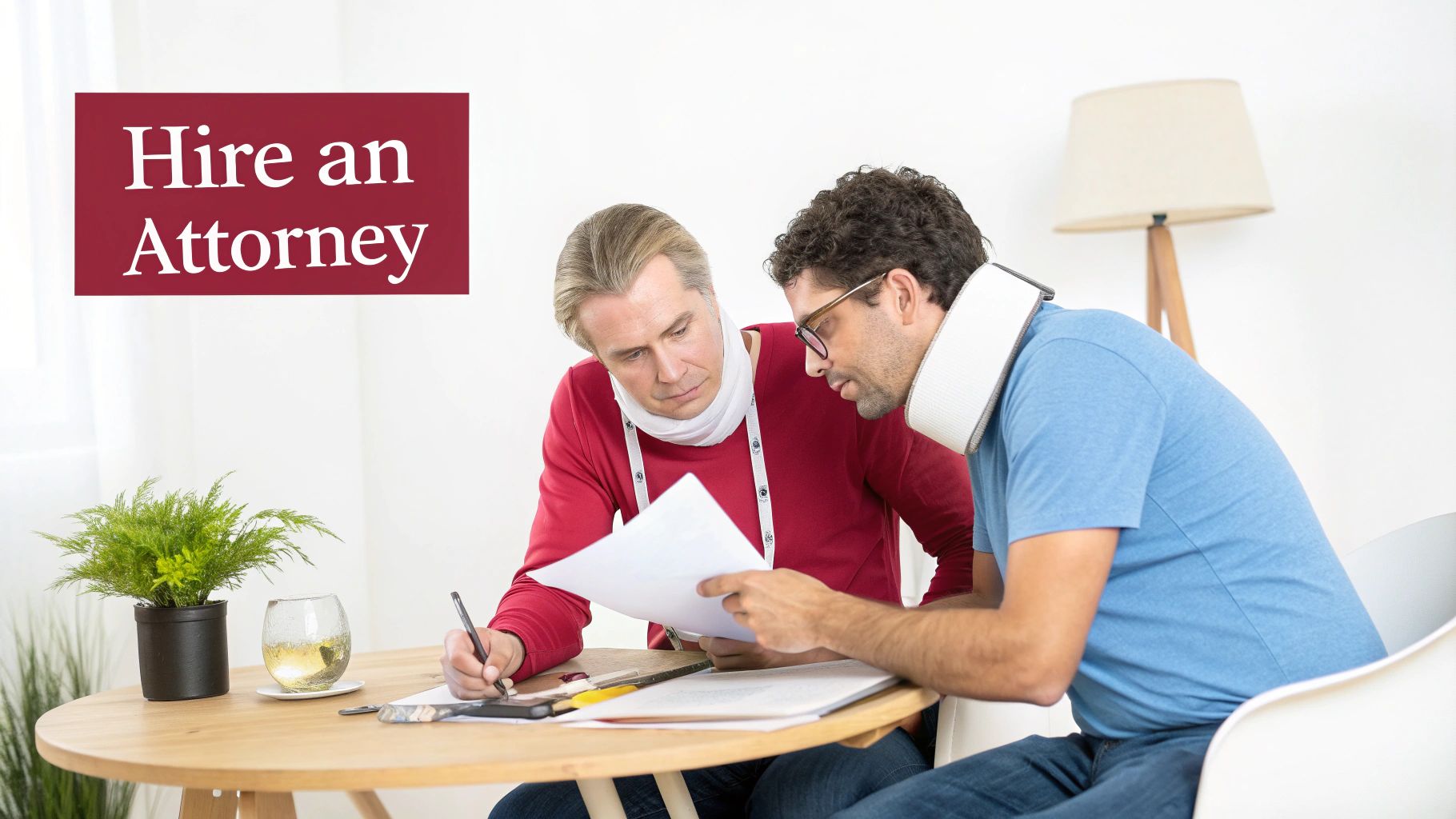 Two injured men wearing neck braces discuss legal documents with an attorney.
