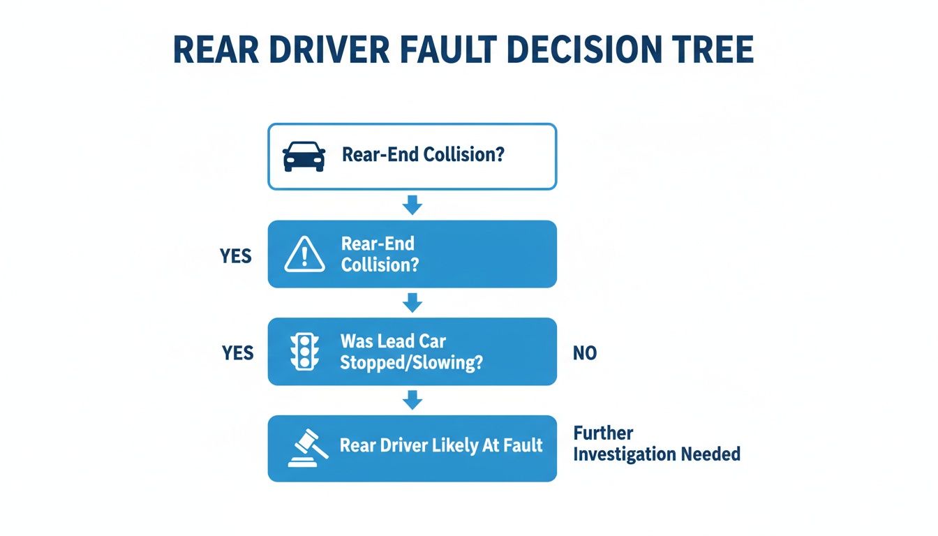 Flowchart illustrating a rear driver fault decision tree for determining liability in a rear-end collision.