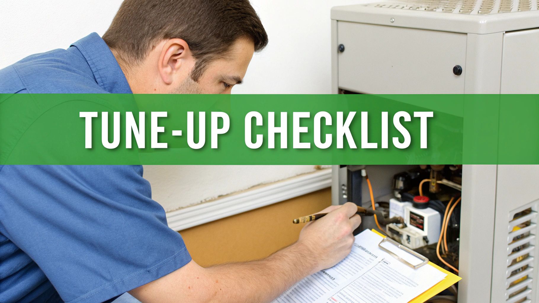 A technician performs a furnace tune-up, inspecting an HVAC unit and filling out a checklist.