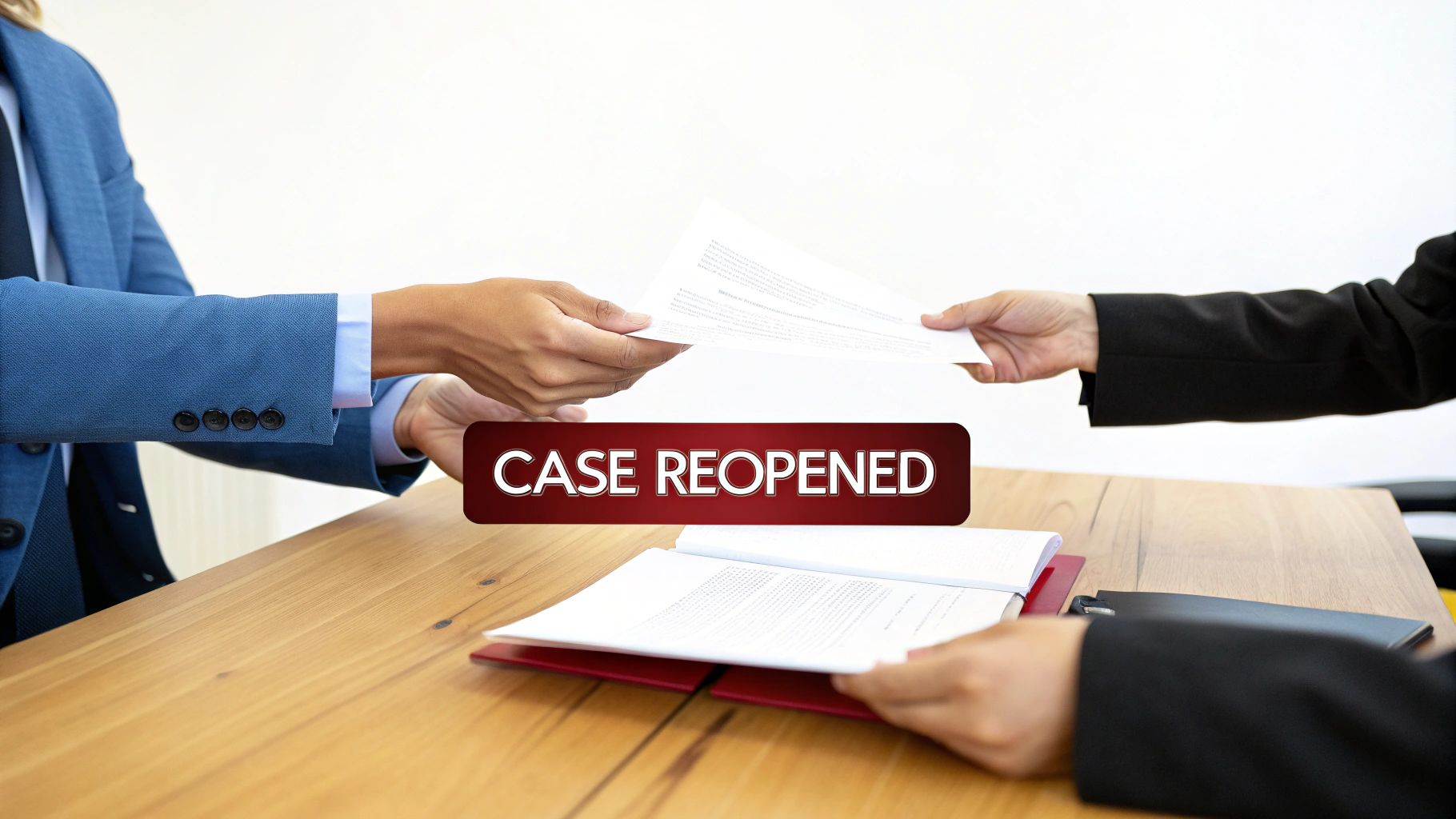Two professionals exchanging legal documents across a table, with a 'CASE REOPENED' banner.