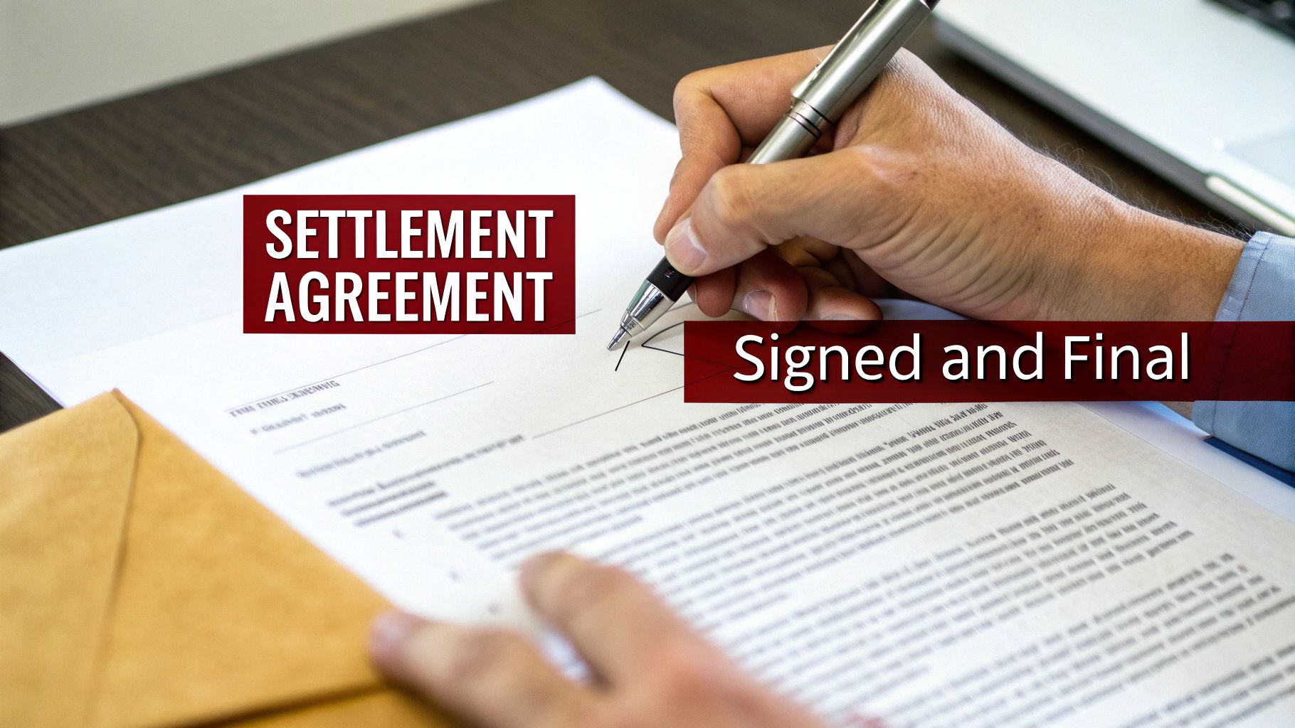 A person signs a 'SETTLEMENT AGREEMENT' document with a pen, making it 'Signed and Final'.