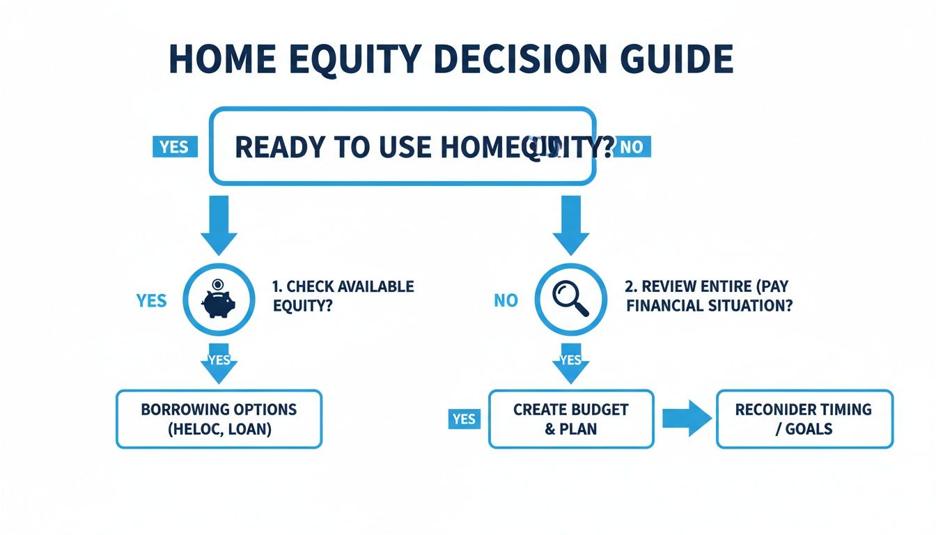 Flowchart guiding users through the home equity decision process for borrowing or planning.