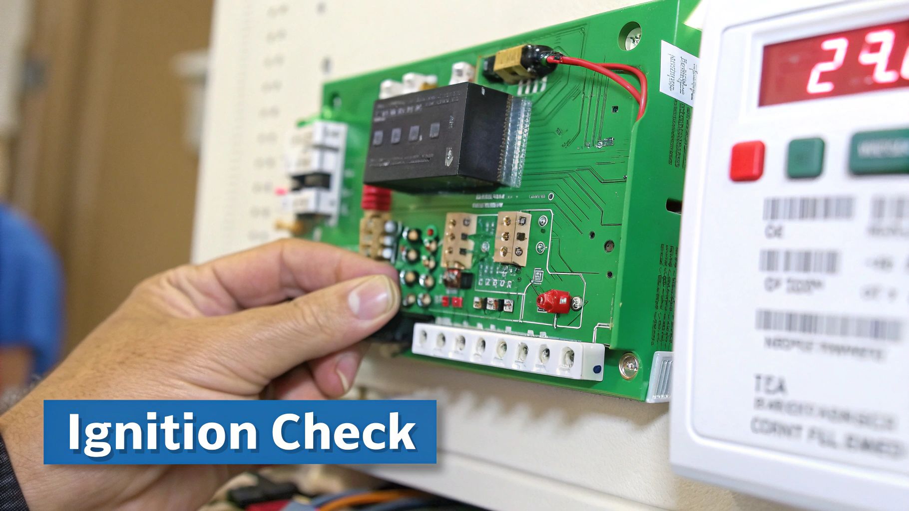 A hand adjusts a green circuit board with various electronic components, displaying 'Ignition Check'.