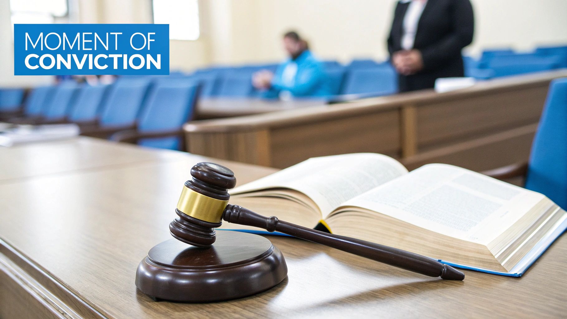 Un mazo y un libro de leyes abierto sobre una mesa de madera en una sala de audiencias, con el texto "MOMENTO DE CONVICCIÓN".