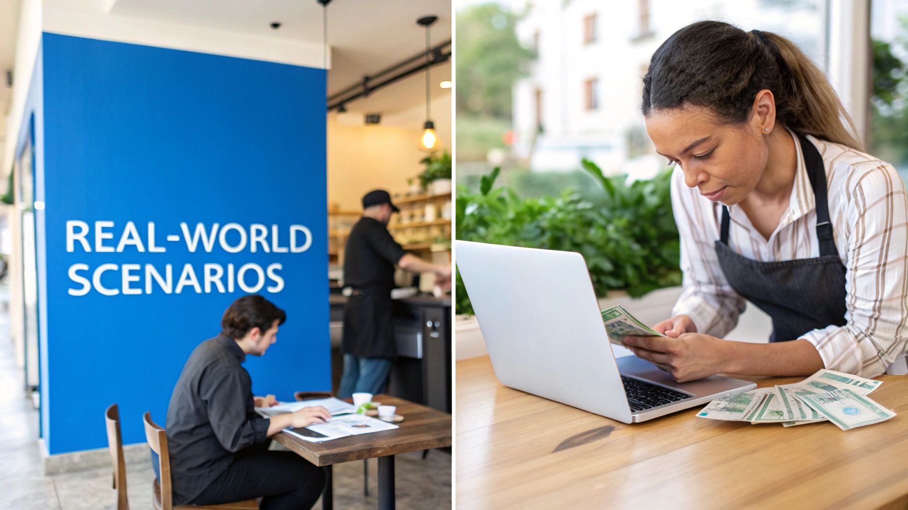 A split image showing a 'REAL-WORLD SCENARIOS' sign and a woman managing business finances with a laptop.