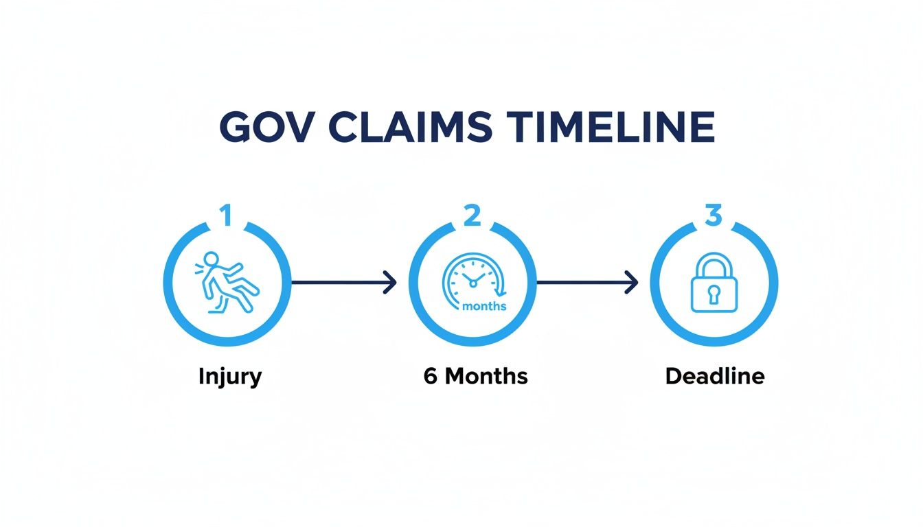 Timeline illustrating government claims process: step 1 Injury, step 2 6 Months, and step 3 Deadline.