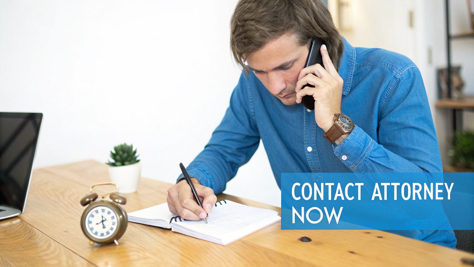 Hombre escribiendo en un cuaderno por teléfono, buscando asesoramiento legal, con un cartel que dice "Contacte a un abogado ahora".