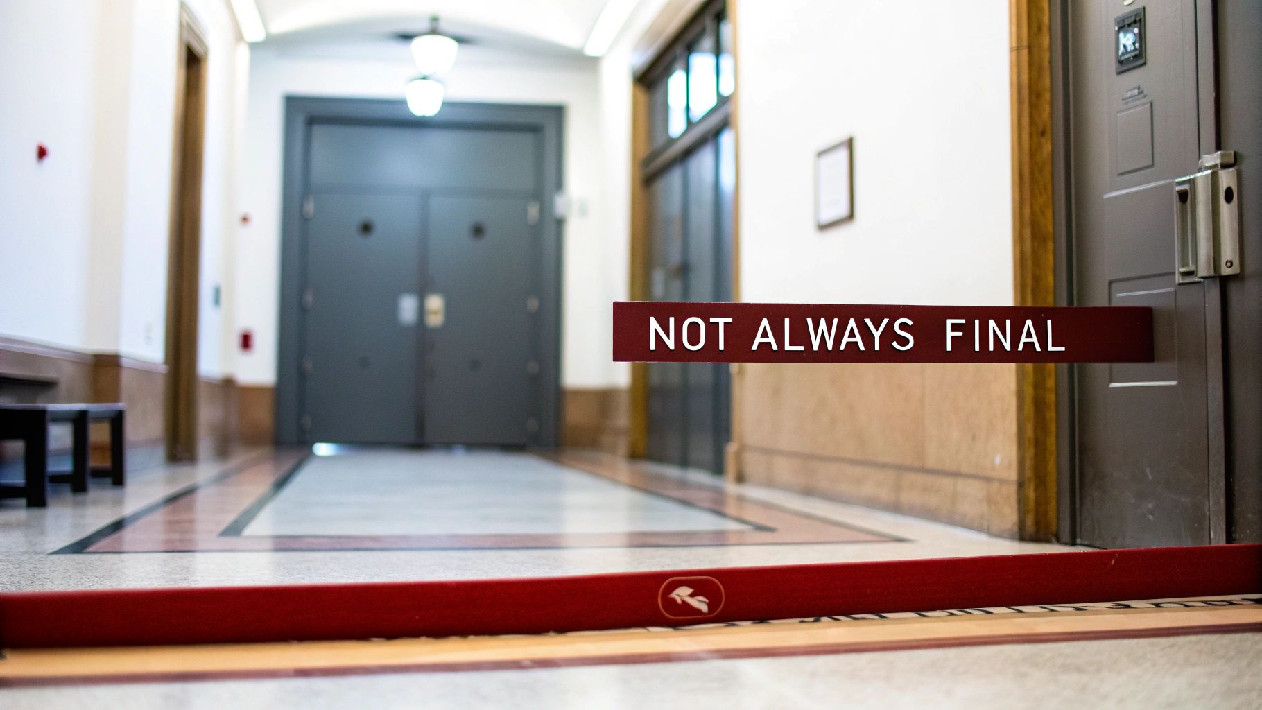 A long, empty hallway with dark doors and a sign reading "NOT ALWAYS FINAL".