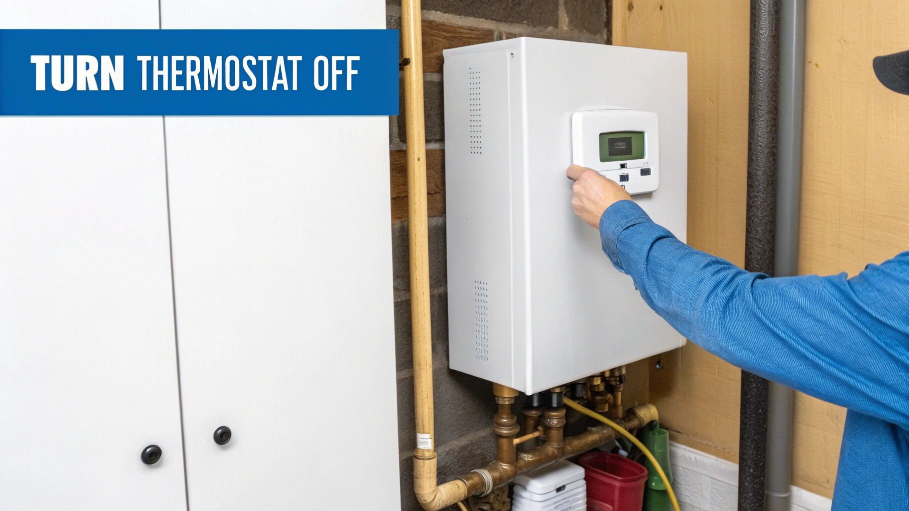 A person's hand adjusts a white digital thermostat mounted on a furnace, with text 'TURN THERMOSTAT OFF'.