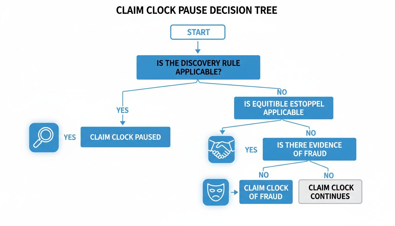 Flowchart illustrating the claim clock pause decision tree, based on discovery rule, equitable estoppel, and evidence of fraud.