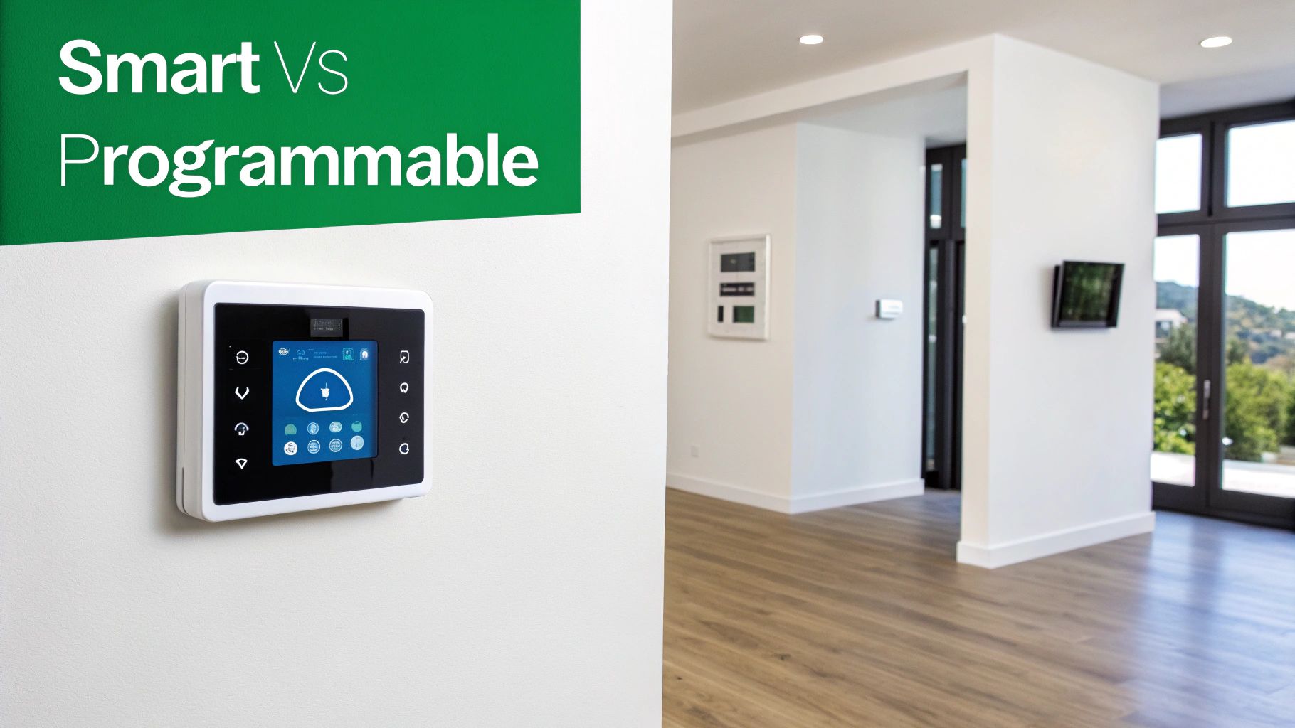Modern smart home control panel mounted on a white wall, with a 'Smart VS Programmable' banner.