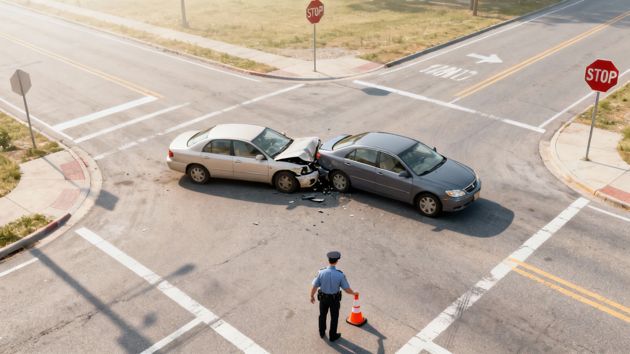 An aerial view of a two-car accident at a sunny intersection, with a police officer investigating.