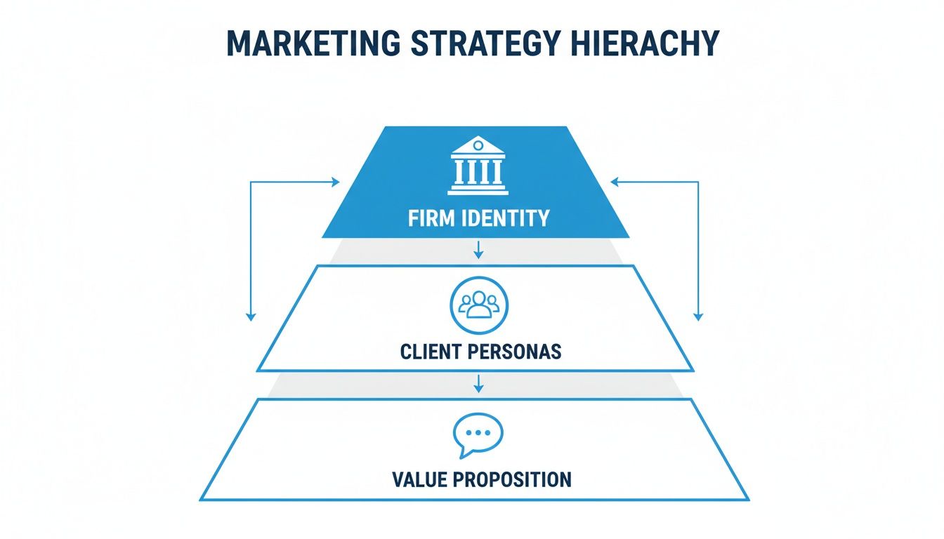 A marketing strategy hierarchy pyramid illustrating firm identity, client personas, and value proposition steps.