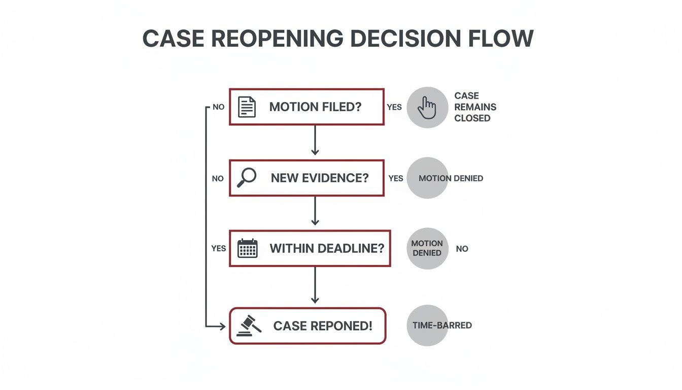 Flowchart illustrating the decision process for reopening a legal case, with various criteria and outcomes.