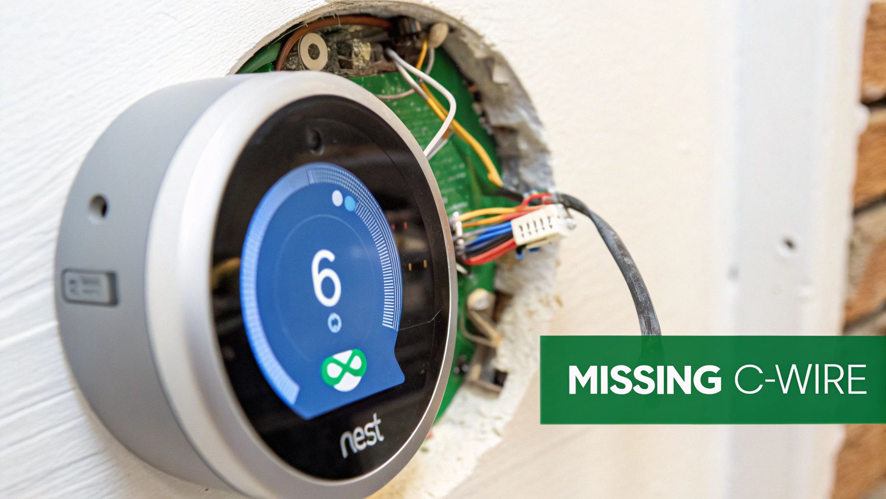 A Nest thermostat with exposed wiring, displaying '6' and a 'MISSING C-WIRE' label.