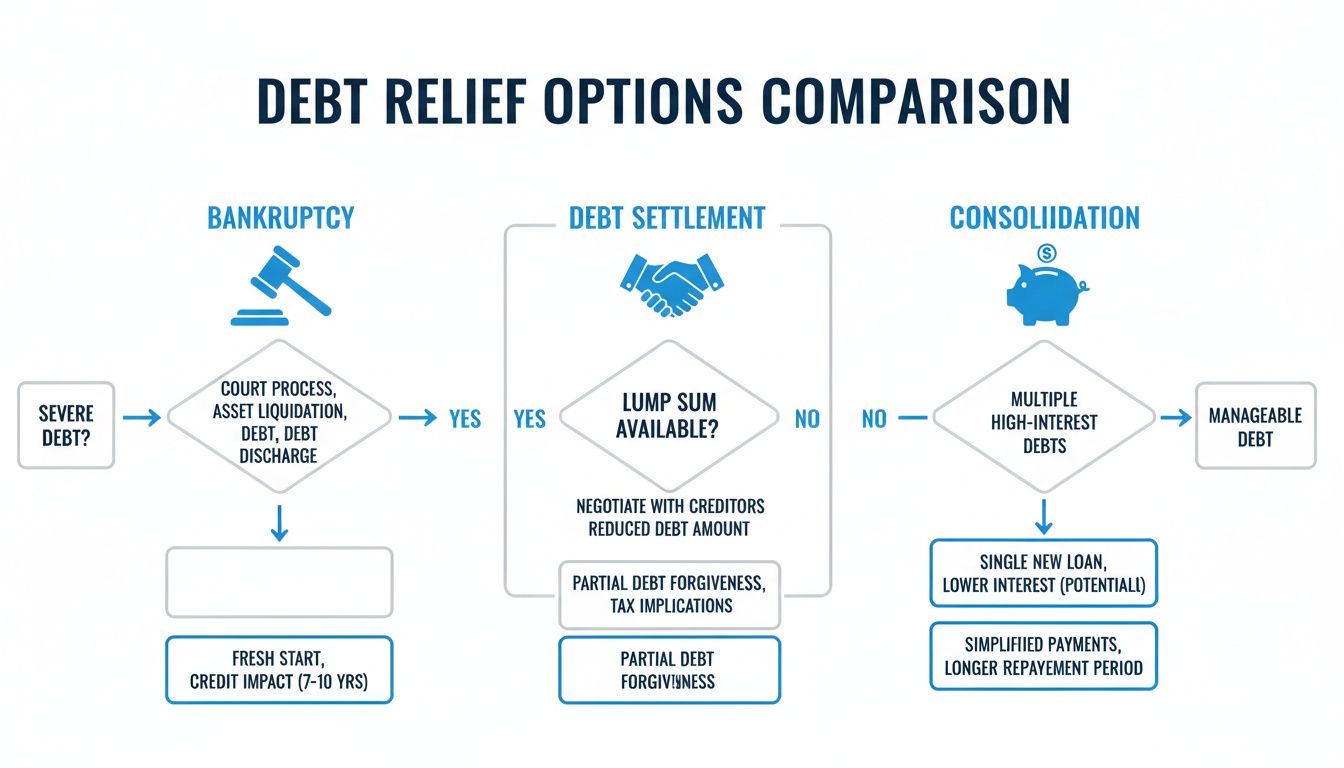 Flowchart comparing debt relief options: Bankruptcy, Debt Settlement, and Consolidation processes and outcomes.