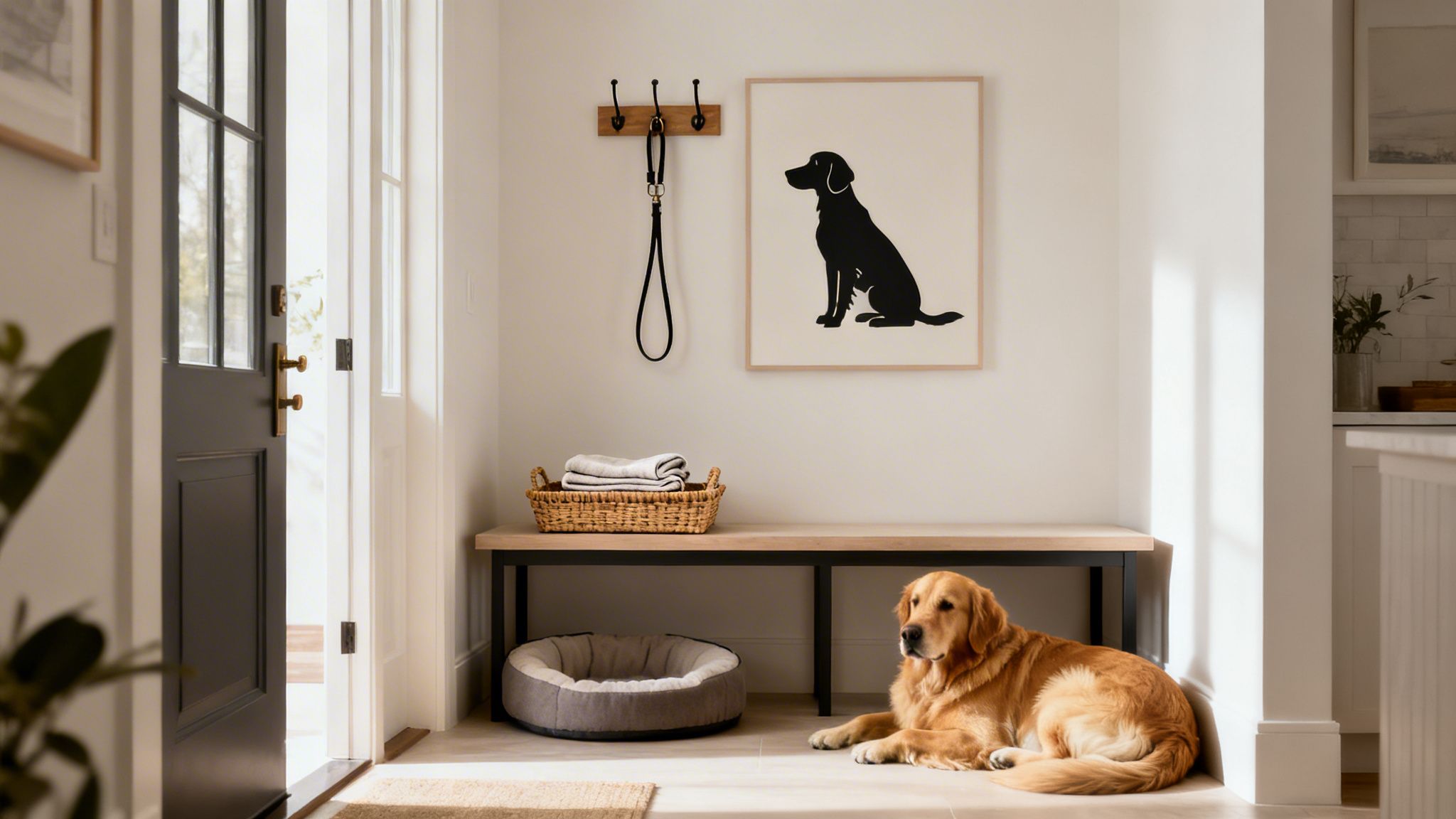 A golden retriever dog resting on the floor in a bright and cozy entryway with dog-themed decor.