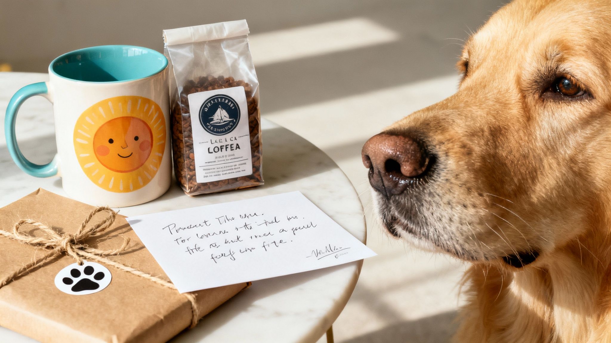 Golden Retriever curiously eyes a gift, sun mug, dog treats, and handwritten note on a table.