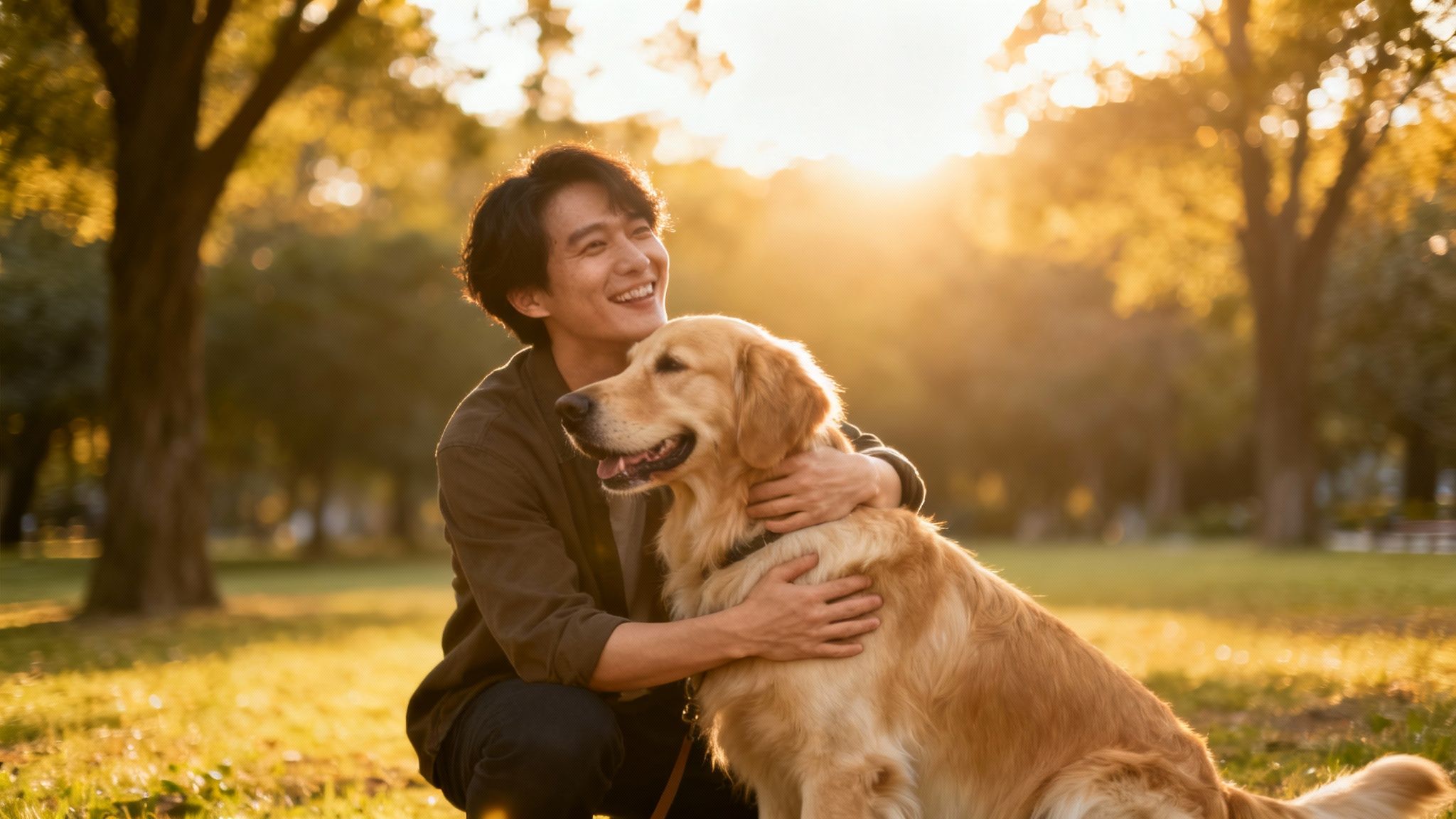 A happy Asian man crouches, hugging his golden retriever in a sunlit park at golden hour.
