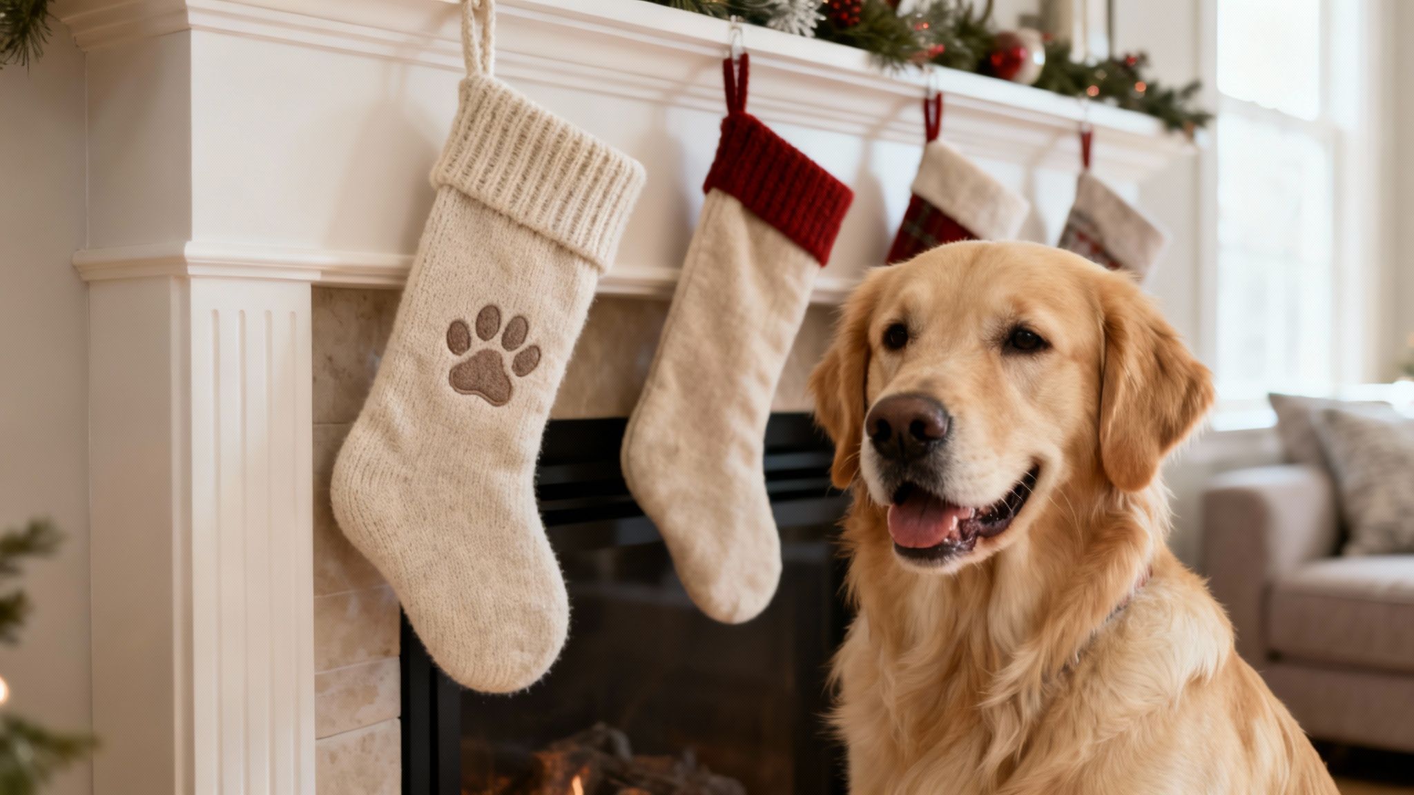 A happy golden retriever sits by a fireplace decorated with Christmas stockings, including one with a paw print.