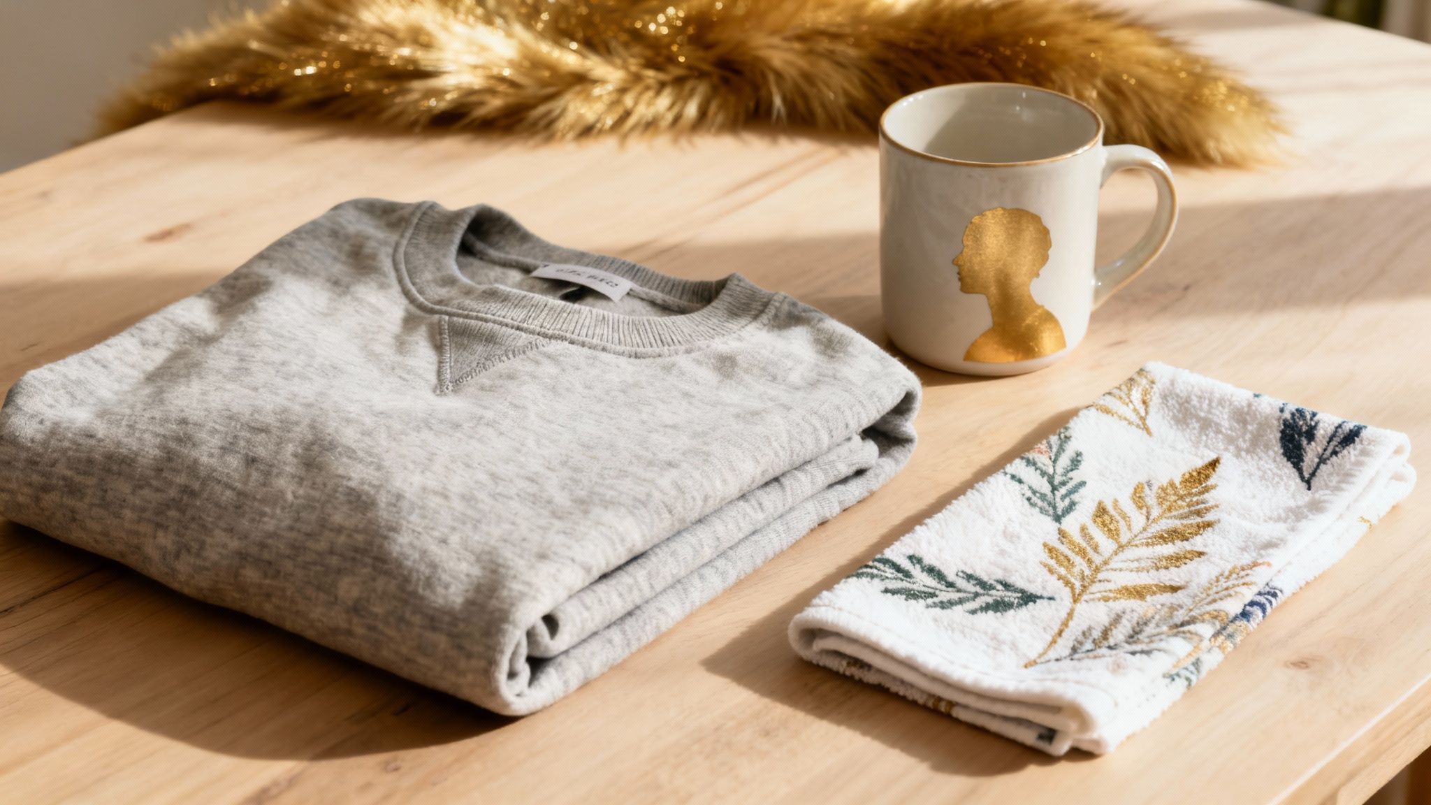 A folded grey sweatshirt, a white mug with a golden silhouette, and a patterned towel on a wooden table.
