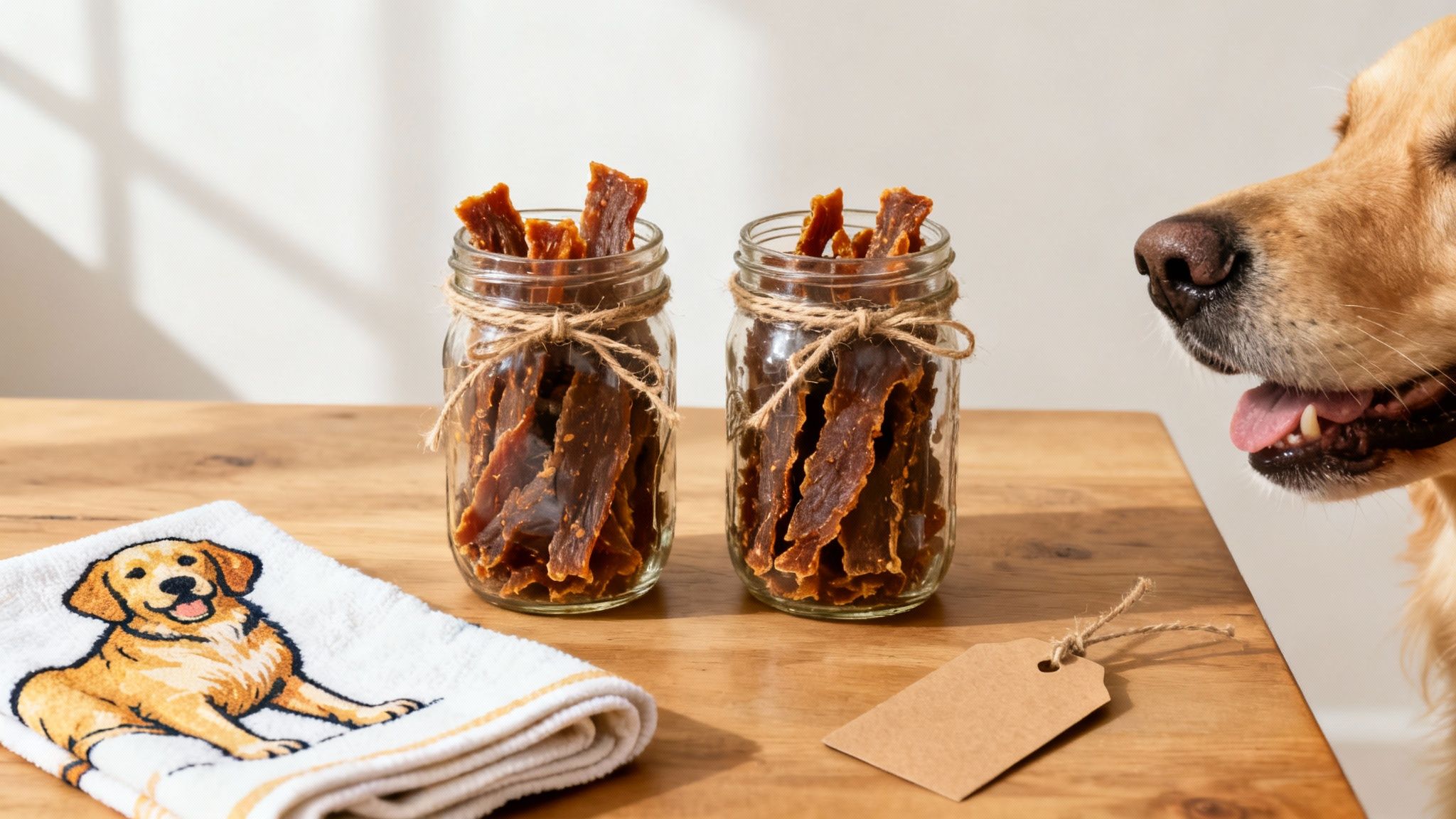 A golden retriever looking at two jars of homemade dog jerky treats on a wooden table.