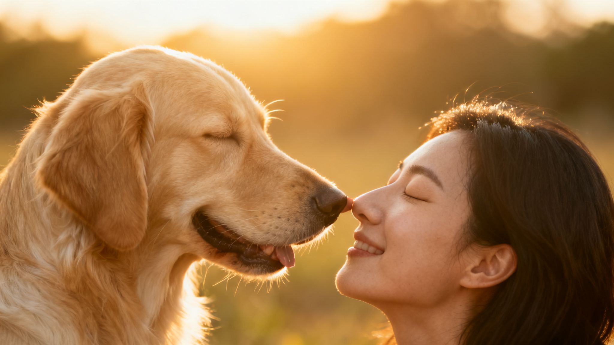 A golden retriever and its happy owner gently touch noses during a warm sunset.