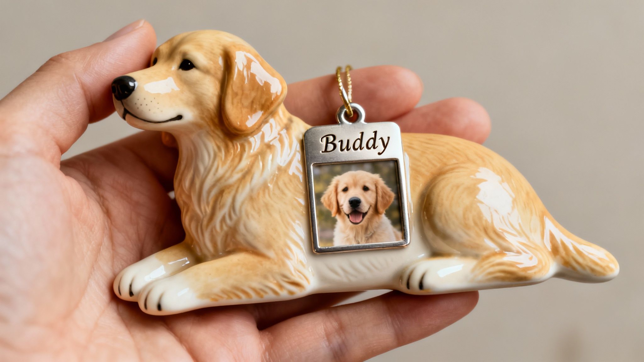 A hand holds a ceramic golden retriever ornament featuring a 'Buddy' tag and a smiling puppy photo.