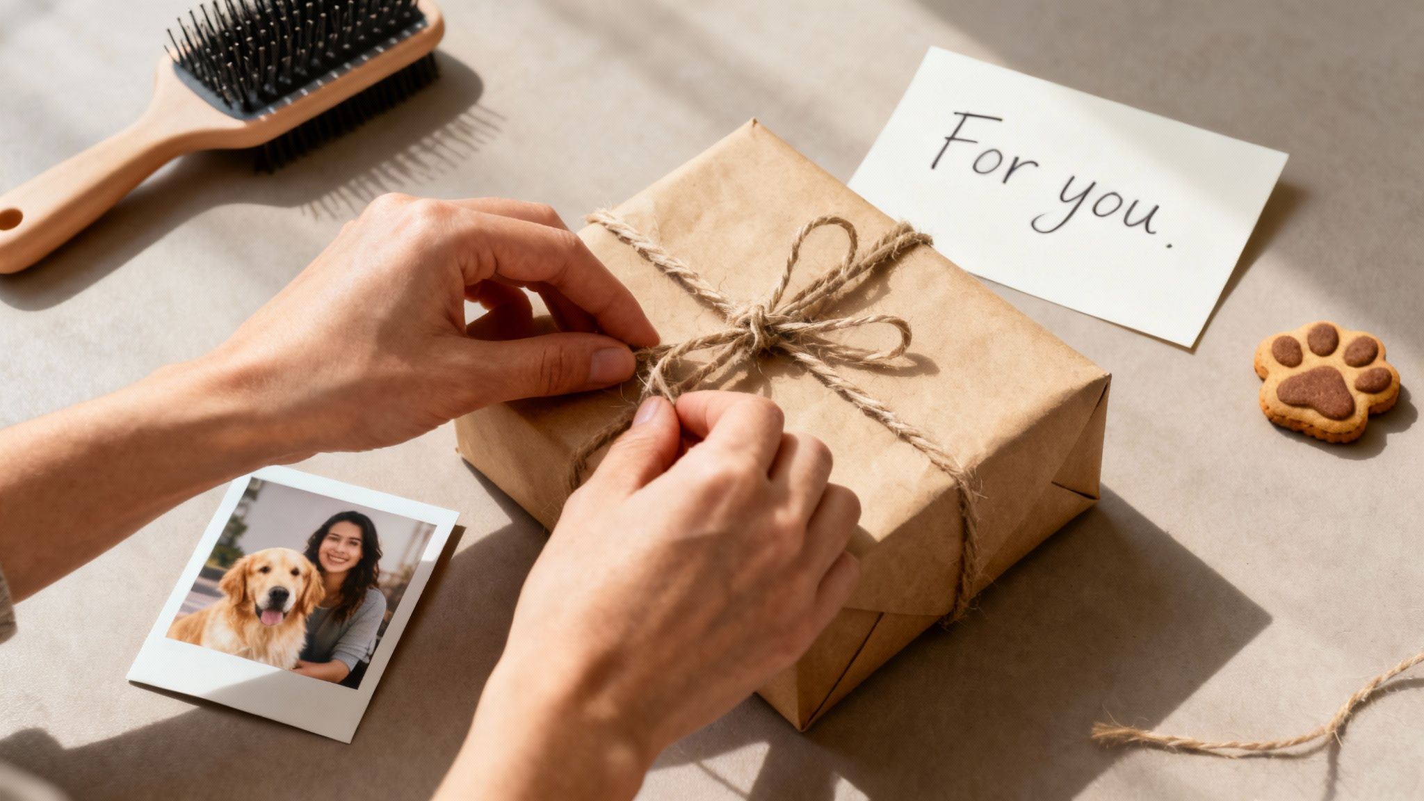 Hands tying a bow on a brown gift box with a photo of a woman and golden retriever.