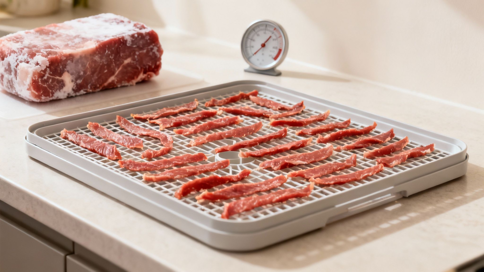 Raw meat slices laid out on a dehydrator tray, next to a block of frozen meat, preparing for jerky.