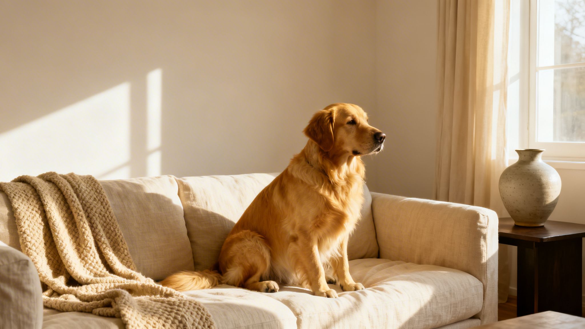 A beautiful golden retriever dog sits attentively on a comfortable sofa in a sunny living room.