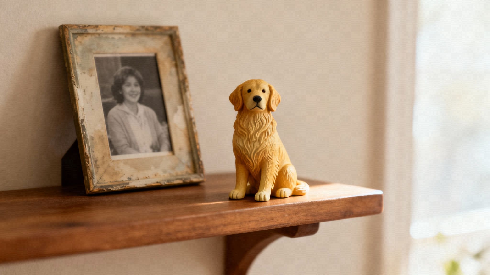 A golden retriever figurine sits next to an old framed black and white photo on a wooden shelf.