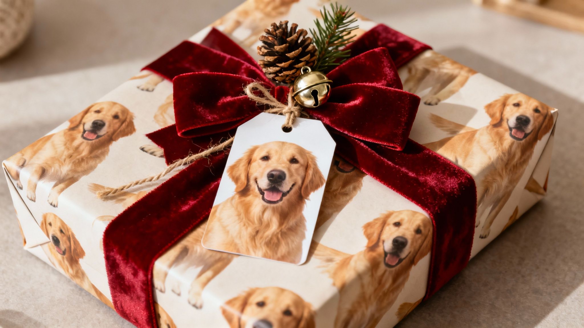 Close-up of a Christmas gift wrapped in Golden Retriever dog paper with a red velvet bow, a dog-face tag, a jingle bell, and pinecone.
