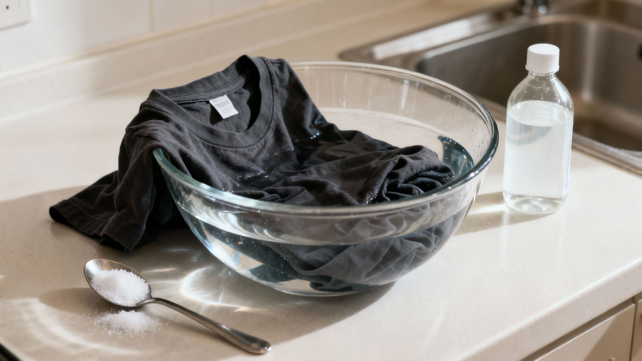 Dark t-shirt soaking in a glass bowl with water, salt, and a bottle of vinegar.