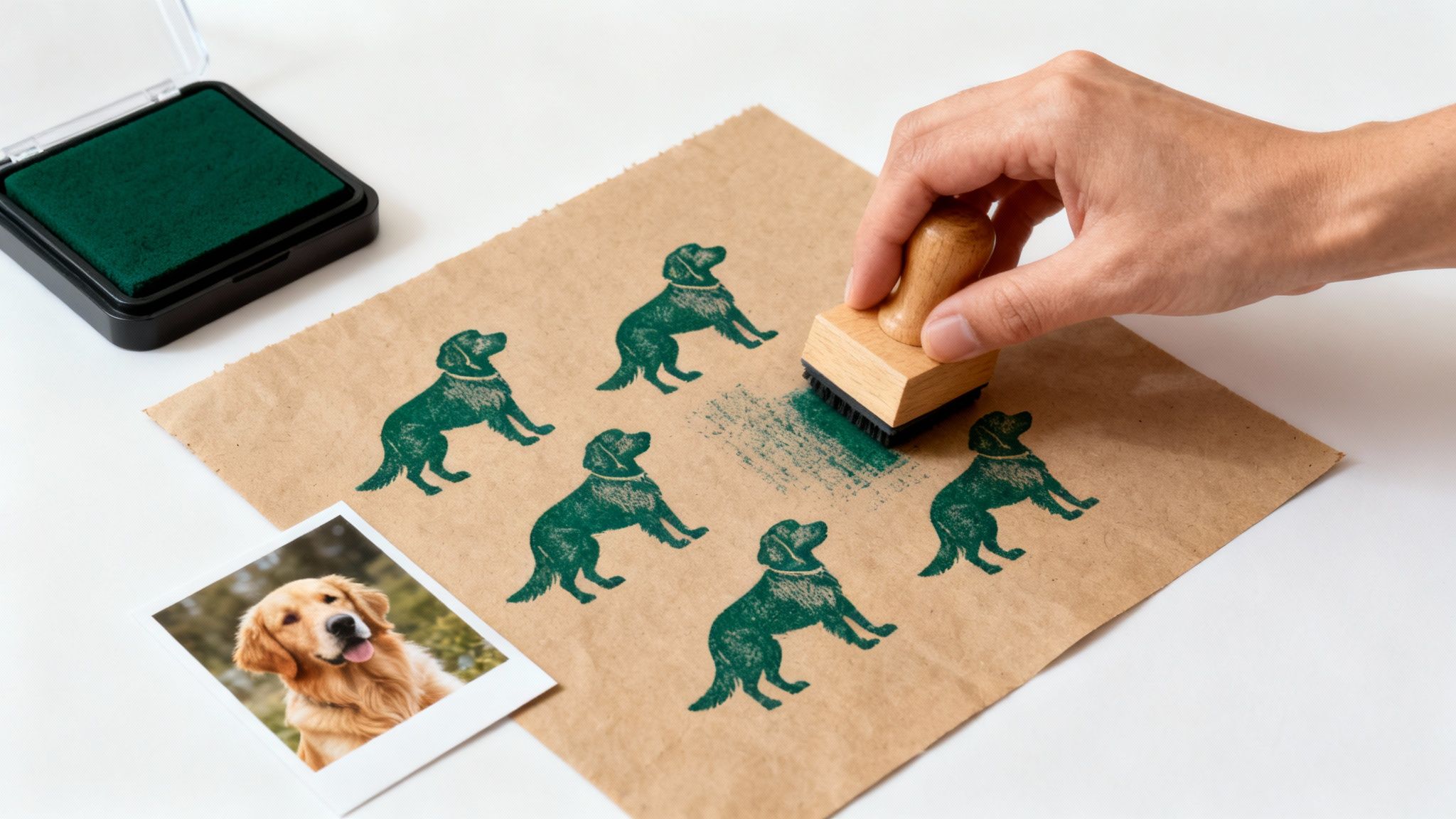 A hand stamps a green dog silhouette onto brown paper, surrounded by other dog stamps and an ink pad.