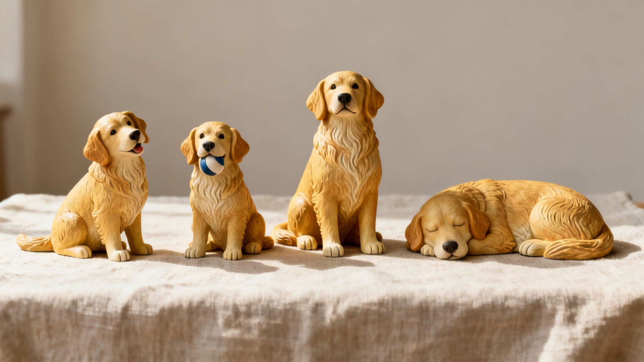 Four golden retriever figurines on a table: three sitting, one sleeping, on a light tablecloth.