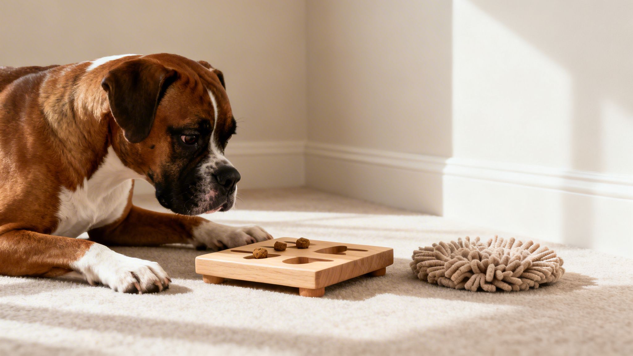 A boxer dog lies on a carpet, intently looking at a wooden treat puzzle toy.