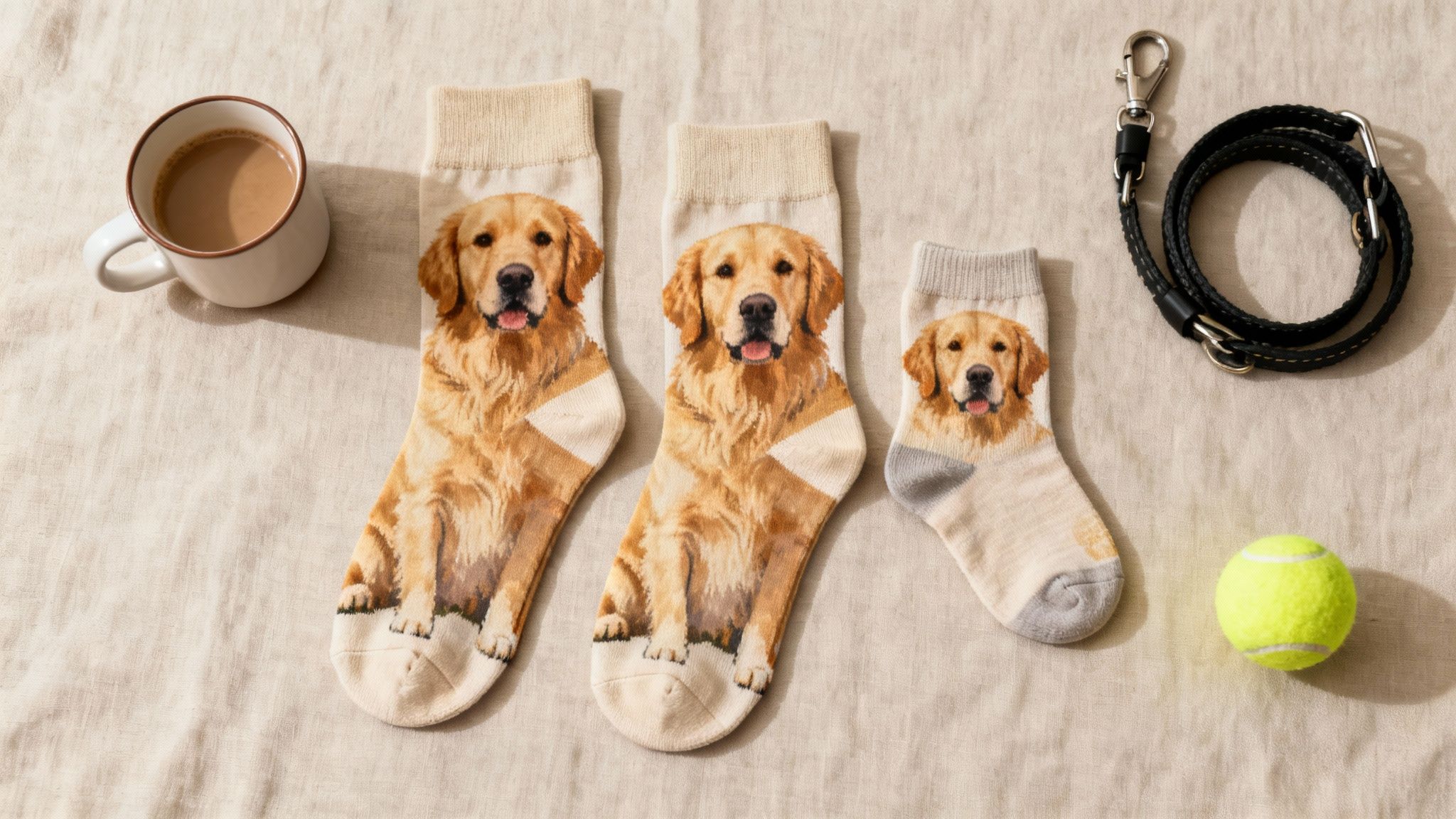 Three pairs of Golden Retriever dog socks, a coffee mug, coiled leash, and tennis ball on linen.
