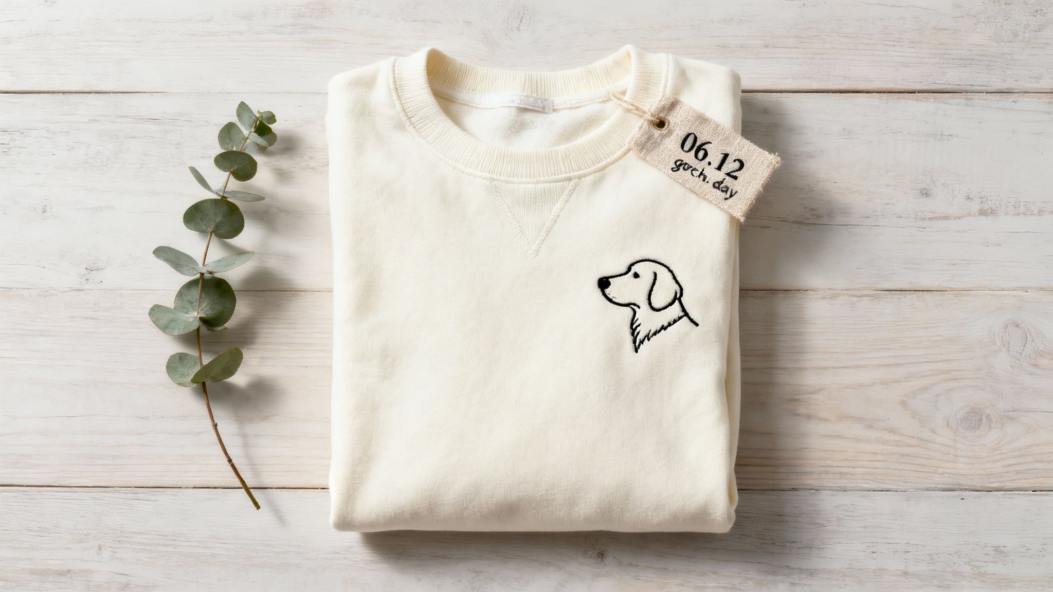 A neatly folded cream sweatshirt with an embroidered dog and a tag on a white wooden surface.